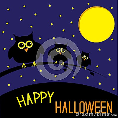 Three cute owls. Starry night and moon. Happy Hall Vector Illustration