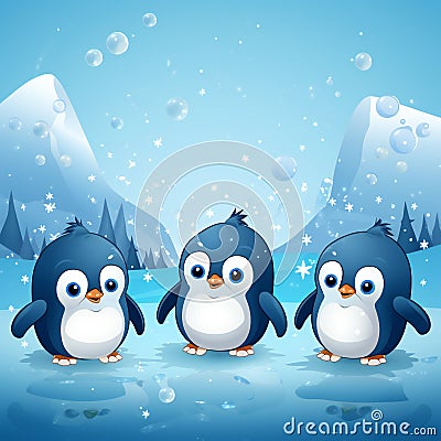 three cute pinguin in the ice. Generative ai Stock Photo