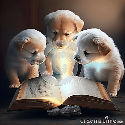 Three cute puppies reading magic book about bedtime stories Stock Photo