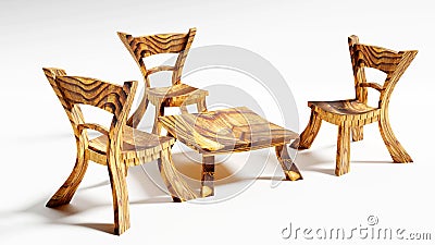 Three cute and quaint cartoonish wooden fairy chairs and a table, 3d rendering Stock Photo