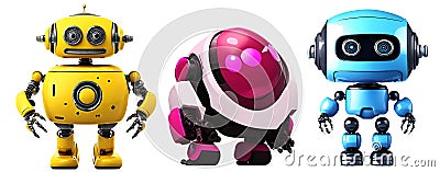 Three cute yellow, red, blue robots are smiling. With a round head and a cubic body on a transparent background Stock Photo