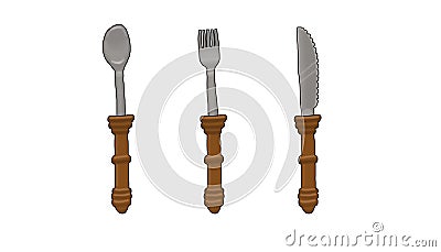 Three cutlery wooden handle Cartoon Illustration