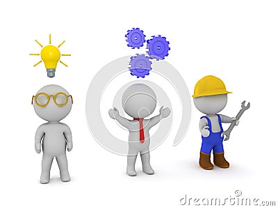 Three 3D characters an inventor, an entrepeneur and a worker Stock Photo