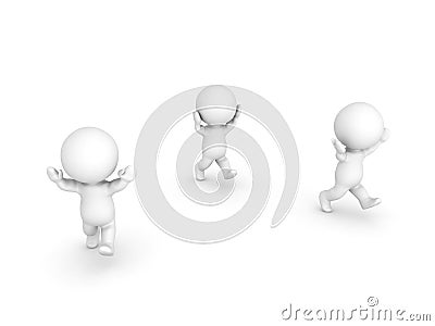 Three 3D Characters running away with their arms raised and panicking Stock Photo