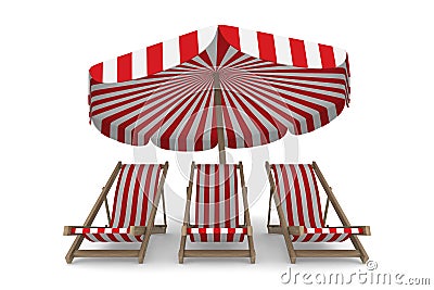 Three deckchair and parasol on white background Stock Photo