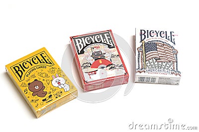 Three decks of the American Flag, Line Friends and Maneki Neko theme poker cards made by Bicycle United States Playing Cards Compa Editorial Stock Photo