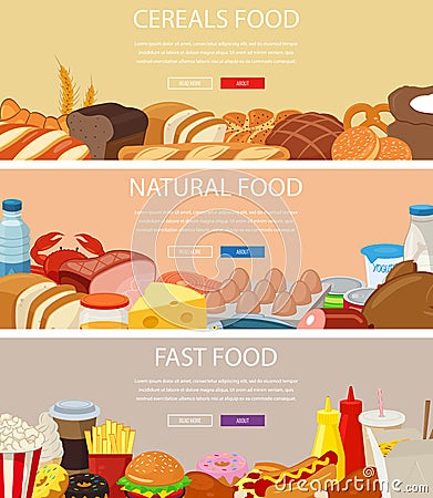 Three design banners set with cereals food, natural food products, fast food. Vector Illustration