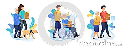 Three designs depicting old age care for retirees Vector Illustration
