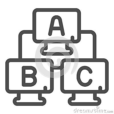 Three desktop monitors with letters line icon, neural network concept. Vector graphics. Local area wired connection sign Vector Illustration