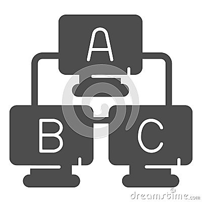 Three desktop monitors with letters solid icon, neural network concept. Vector graphics. Local area wired connection Vector Illustration