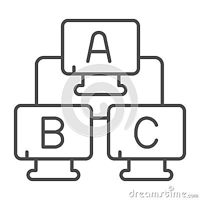 Three desktop monitors with letters thin line icon, neural network concept. Vector graphics. Local area wired connection Vector Illustration