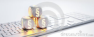 Three dice with luminous paragraph symbols on computer keyboard Cartoon Illustration