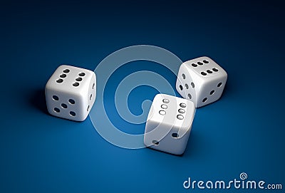 Three dice with number six on blue casino background Stock Photo