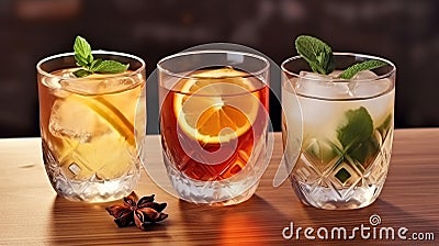 Three different alcoholic cocktails with old-fashioned glasses. Generative AI Stock Photo