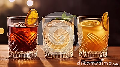 Three different alcoholic cocktails with old-fashioned glasses. Generative AI Stock Photo