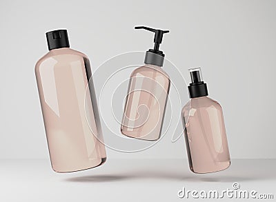 Three different beige glass bottles for hair and body care products 3D render, set of floating cosmetic containers on Stock Photo