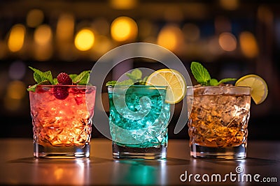 Three different colored cocktails on the bar counter with ice spread around and a shallow depth of field of the bar Stock Photo