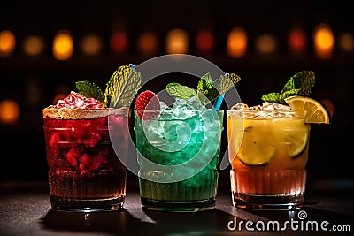 Three different colored cocktails on the bar counter with ice spread around and a shallow depth of field of the bar Stock Photo