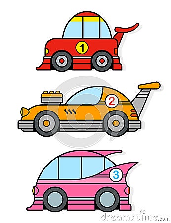 Three different colorful cartoon racing toy cars Vector Illustration
