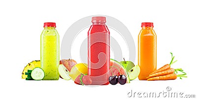 Bottles of Freshly Squeezed Fruit and Vegetable Juice on White Stock Photo