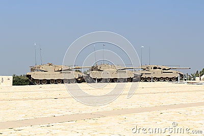 Three different generations of Merkava tanks at the Yad La-Shiryon Armored Corps Memorial Site and Museum at Latrun, Israel Editorial Stock Photo