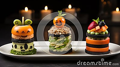 Three different halloween themed desserts on a plate, AI Stock Photo