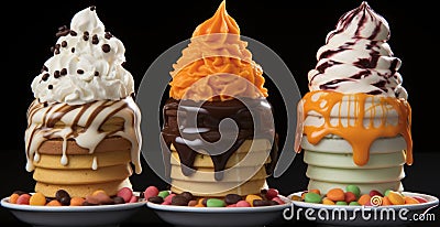 Three different ice cream sundaes are on a plate, AI Stock Photo