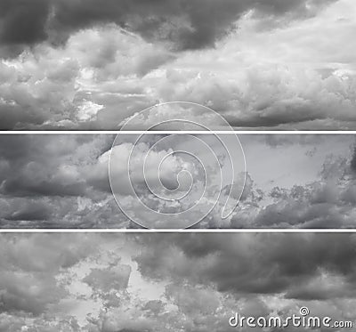 Three different panoramas of cloudy gray sky. Stock Photo