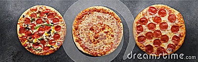 Three different pizzas in panoramic composition Stock Photo