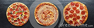 Three different pizzas in panoramic composition Stock Photo