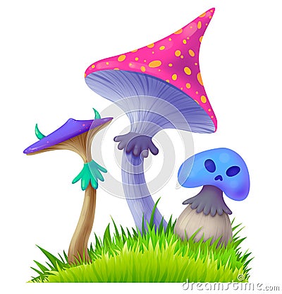 Three different poisonous mushrooms. Dangerous food. Halloween Stock Photo