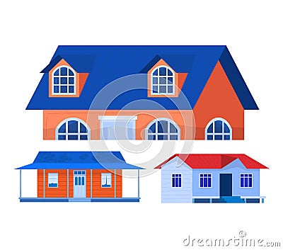 Three different styles of houses, colorful suburban homes, front view. Residential real estate, various architecture Cartoon Illustration