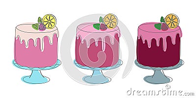 Three different types of cakes with lemons on top Vector Illustration