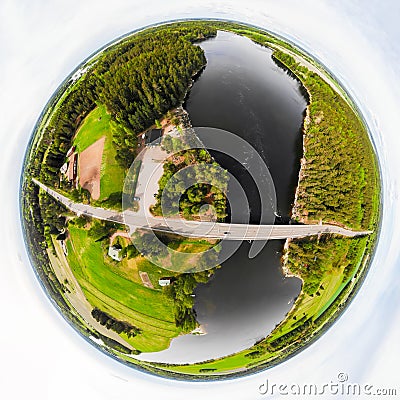 A three dimensional aerial panoramic view of rapid Susikoski at river Kymijoki, Finland, in a mini planet panorama style Stock Photo