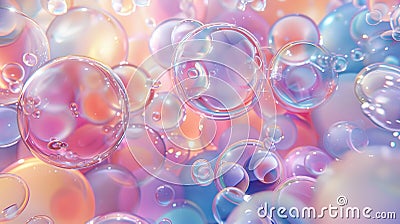 Three-dimensional art background. Holographic floating liquid blobs, soap bubbles, metaballs. Stock Photo