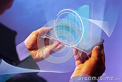 A three-dimensional bar diagram emerges from a smartphone, along with the white circle that is passed by a mesh of waves Stock Photo