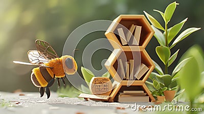 A threedimensional bookshelf made up of 7 regular hexagonal honeycomb cells is placed on the groundwith four of the cells Stock Photo