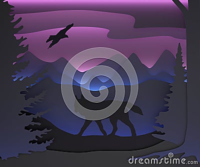 Three-dimensional composition with a wolf and an eagle. Fairy forest. Stock Photo