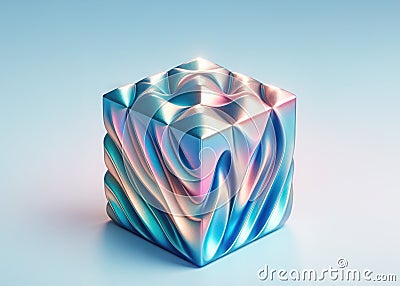 A three-dimensional cube from a neon holographic material on light blue background Stock Photo