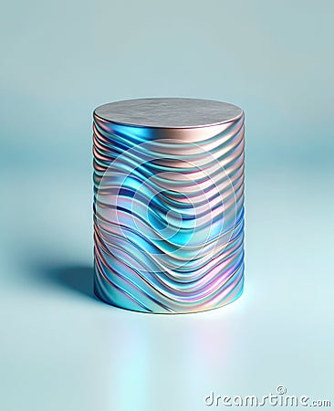 A three-dimensional cylinder object from a neon holographic material on light blue background. Empty circular podium Stock Photo