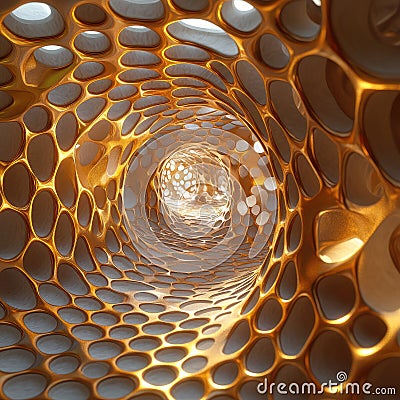 Three-Dimensional Digital Rendering of an Abstract Golden Honeycomb Structure: Complex Geometric Pattern for Modern Stock Photo