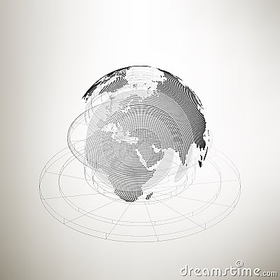 Three-dimensional dotted world globe with abstract construction on gray background, vector illustration Vector Illustration