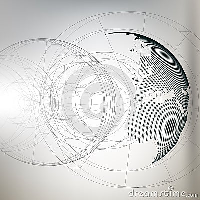 Three-dimensional dotted world globe with abstract construction on gray background, vector illustration Vector Illustration