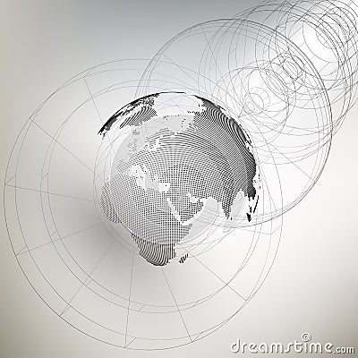 Three-dimensional dotted world globe with abstract construction on gray background, vector illustration Vector Illustration