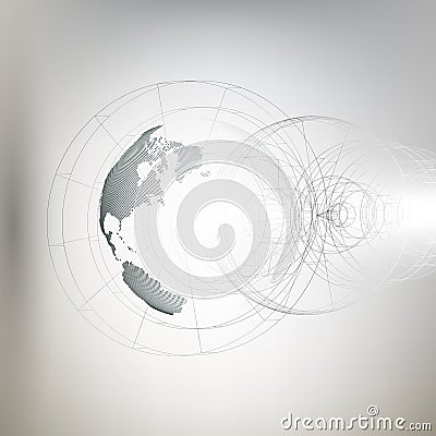 Three-dimensional dotted world globe with abstract construction on gray background, vector illustration Vector Illustration