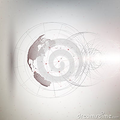 Three-dimensional dotted world globe with abstract construction and molecules on gray background, low poly design vector Vector Illustration