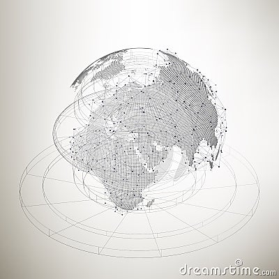 Three-dimensional dotted world globe with abstract construction and molecules on gray background, low poly design vector Vector Illustration