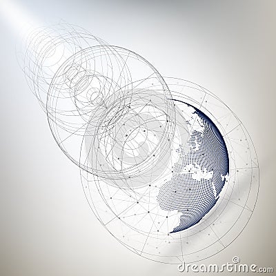 Three-dimensional dotted world globe with abstract construction Vector Illustration