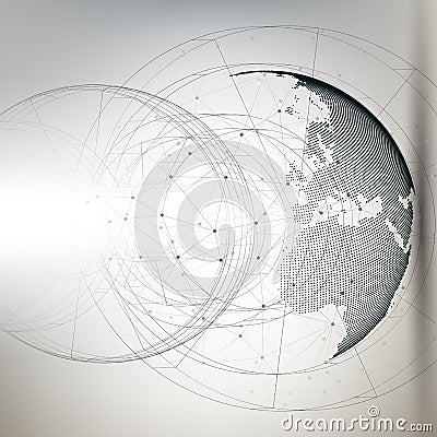 Three-dimensional dotted world globe with abstract construction and molecules on gray background, low poly design vector Vector Illustration