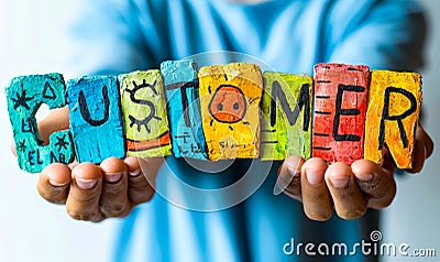 Three dimensional figures holding up CUSTOMER SERVICE letters symbolizing teamwork, support, and commitment to client Stock Photo